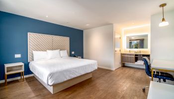 The image shows a modern hotel room with a queen-sized bed, a blue accent wall, nightstands, a desk, and a well-lit vanity area with a mirror.