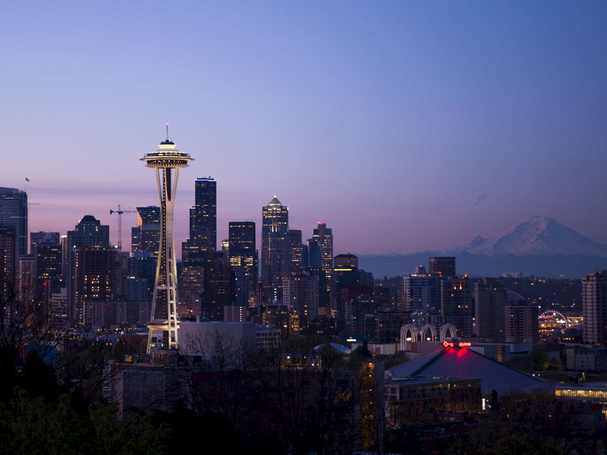 This image shows a city skyline at dusk with a prominent tower and mountain in the background, lights illuminating the buildings.